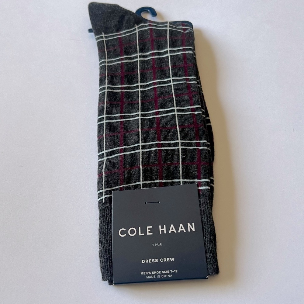 COLE HAAN MENS COTTON BLEND DRESS SO KS WINDOWPANE CHECK CHARCOAL RED WHITE NWT